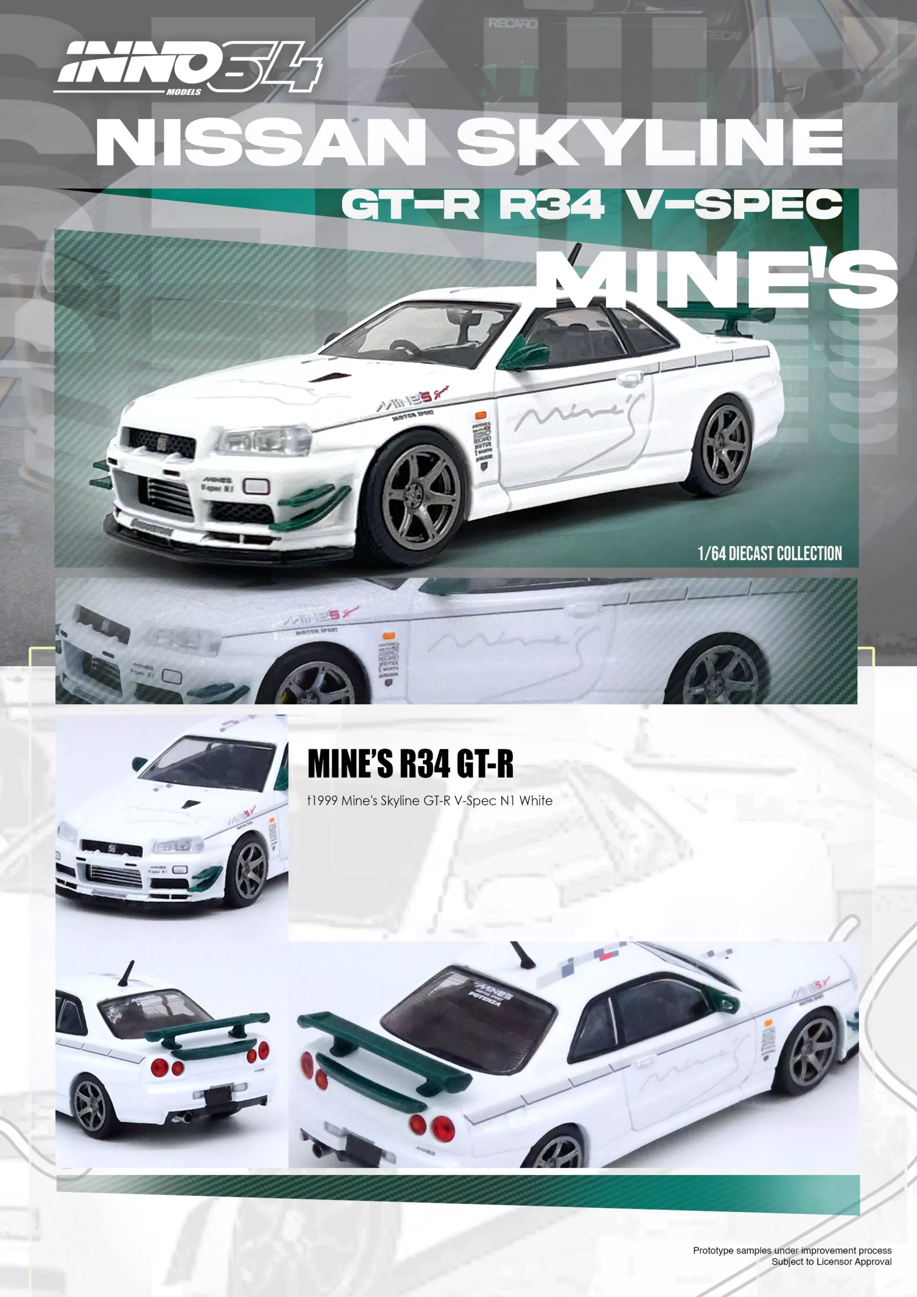 INNO64 164 NISSAN SKYLINE GT-R (R34) V-SPEC N1 TUNED BY MINE'S